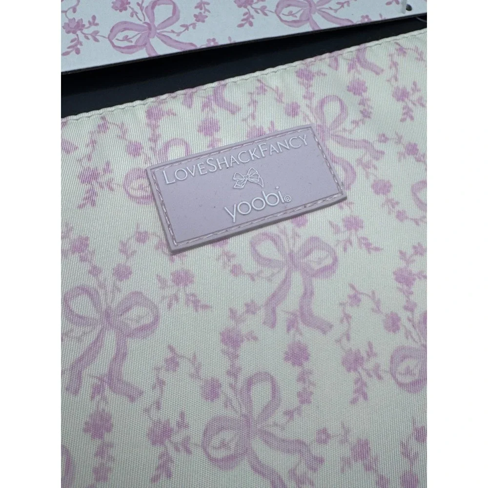 LoveShackFancy x Yoobi Accessory Pouch Pink Bow Floral Ruffle Makeup Bag NWT